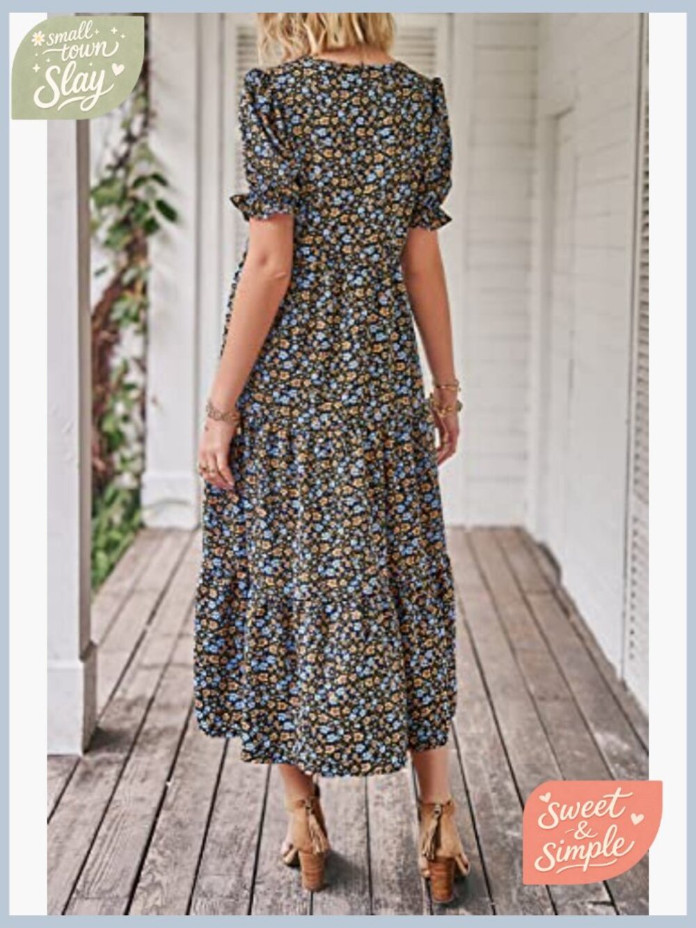Summer Floral Midi Sun Dress Puff Short Sleeve Flowy Beach Vacation - Picture 3 of 7